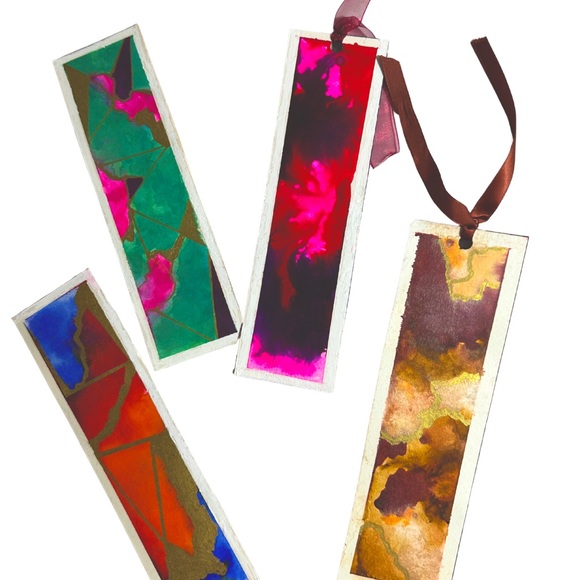 Set of 4  Bookmarks Vibrant Hand Painted Original Watercolor Abstract Design - Picture 2 of 7